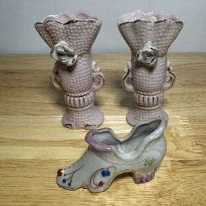 VTG Lot Pink Mini Vases & Japan Shoe Figurine Kitsch Grandmacore Coquette Vanity